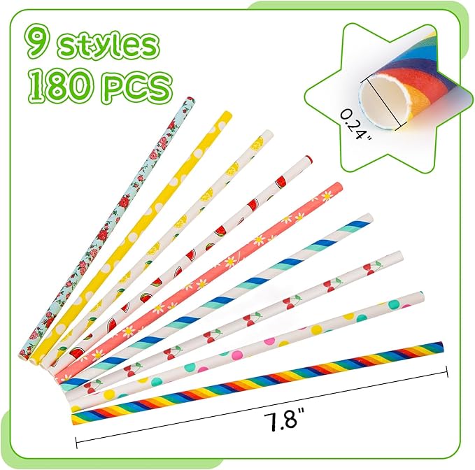 HAKACC 180PCS Paper Straws for Drinking, 9 Different Patterns Party Straws Disposable Drinking Straws for Birthday Wedding Holiday DIY Decorations