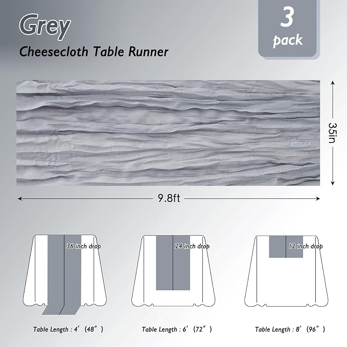 Grey Cheesecloth Table Runner 120 Inch 10FT Cheese Cloth Runners 1 Pack for Baby Shower, Wedding Decoration, Birthday Party, Graduation Decoration