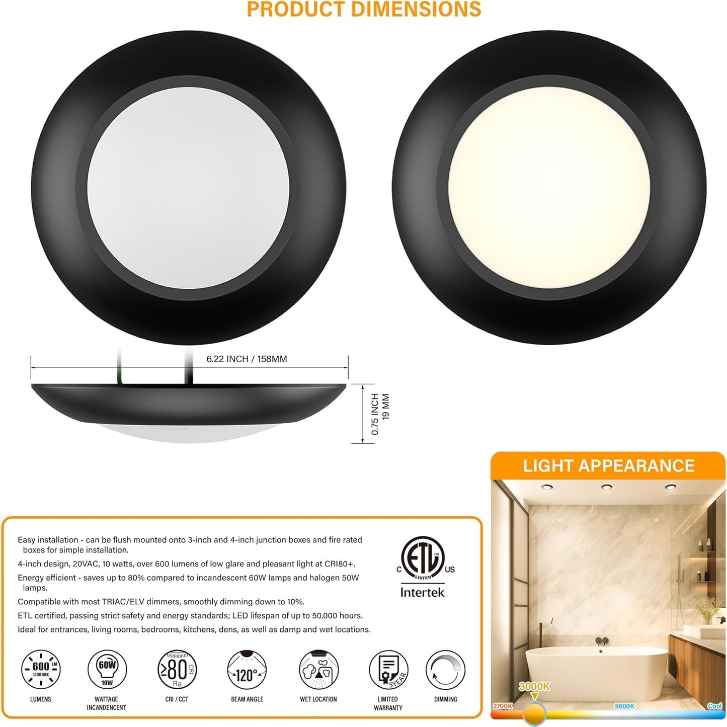 10 Packs 4 Inch Black LED Low Profile Recessed & Surface Mount Disk Light, Round, 10W, 600 Lumens, 3000K Warm White, CRI80, DOB Design, Dimmable, ETL Listed