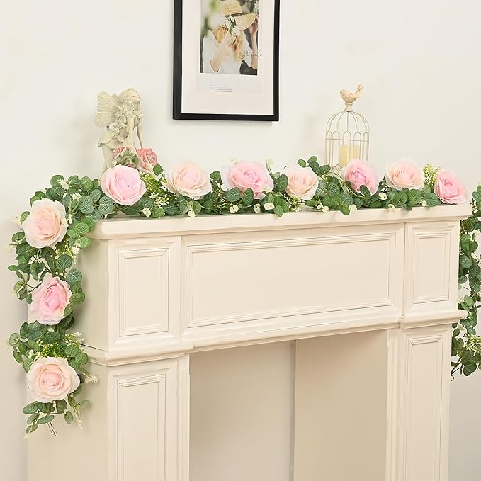 Dolicer 4Pcs 26 Ft Artificial Eucalyptus Garlands with Flowers - 8 Roses, Faux Floral Greenery Garlands Fake Flowers Vines for Wedding Table Centerpieces Arch Party Ceremony Backdrop Decor (Pink)