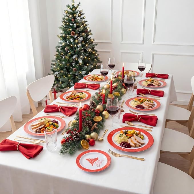 Rubtlamp 125Pcs Christmas Plastic Plates, Plastic Red Plates with Snow Christmas Tree, christmas Dinnerware Disposable Include 25 Party Red Dinner Platos,25 Fancy Salad plate,75 Gold Cutlery