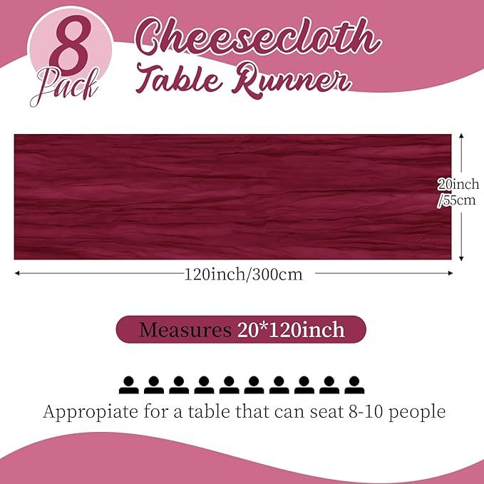 8 Pack Burgundy Cheesecloth Table Runners 20x120 Inch Gauze Table Runner 10FT Easter Cheese Cloth Table Runner Rustic Sheer Runner for Wedding Baby Shower Birthday Party Table Decor