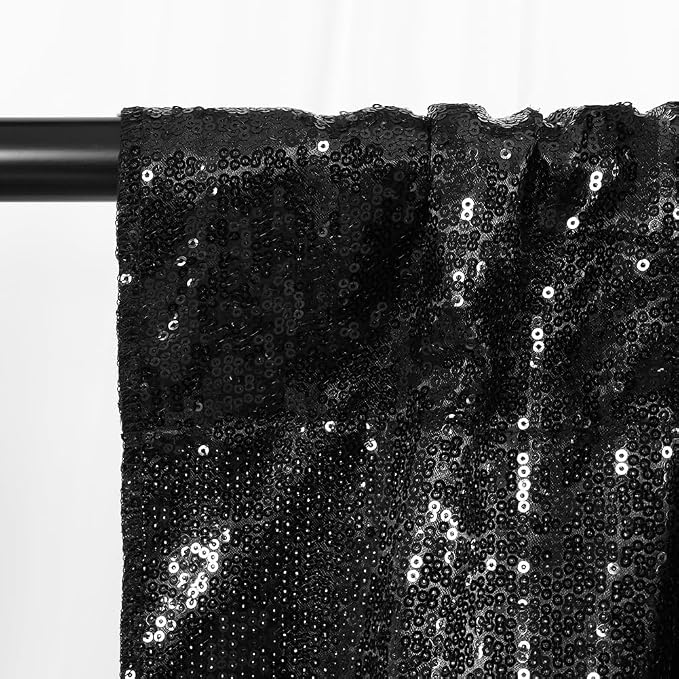 SquarePie 2 PCS 4x10ft Black Sequin Backdrop for Photography, Extra Long Satin-Backed Real Sequin Curtain, High-Density Shimmering Background with 4" Rod Pocket for Wedding Ceremony, 2 Panels
