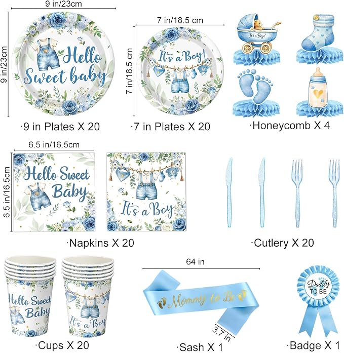 Blue Baby Boy Shower Decorations - Plates, Napkins, Cups, Cutlery, Honeycomb Centerpieces, Banner, Hanging Swirls, Tablecloths, Toppers, Sash, Balloons for Jean Boy Baby Shower Decorations, Serves 20