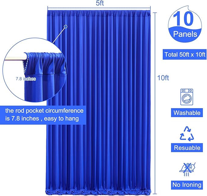 10 Panels Royal Blue Backdrop Curtain for Wedding Parties Wrinkle Free Blue Photo Curtains Backdrop Drapes Fabric Decoration for Birthday Party Baby Shower 50ft(W) x 10ft(H)