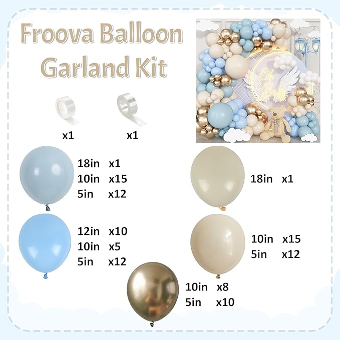 Dusty Blue Balloon Garland Arch Kit, Pastel Slate Baby Blue Ivory White Sand Metallic Gold Latex Balloons for Boy Birthday Baby Bridal Shower Wedding Gender Reveal Party Decorations Supplies