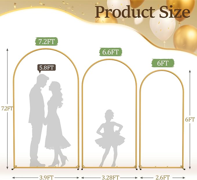 Metal Arch Backdrop Stand 3 Set (7.2FT+6.6FT+6FT), Gold Wedding Arch Frame, Balloon Arch Stand for Baby Shower, Wedding, Birthday, Ceremony, Party Decor