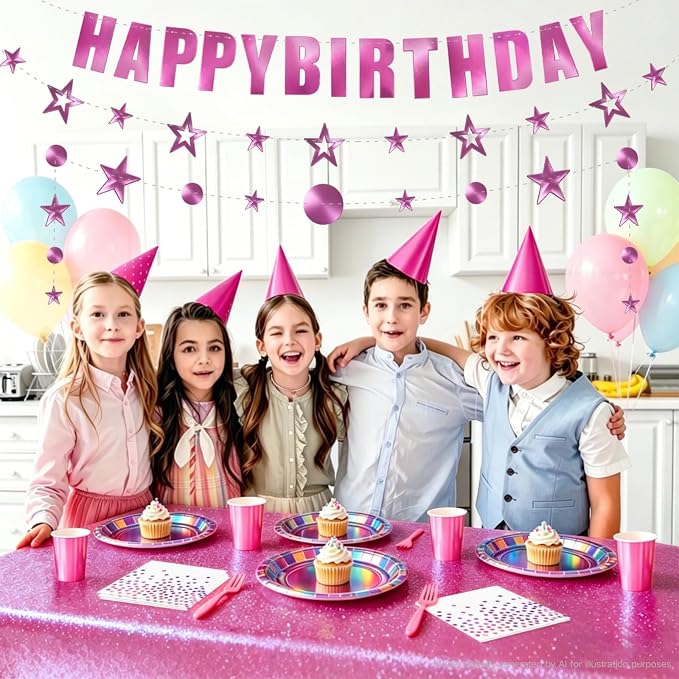 Pink Iridescent Party Supplies Holographic Birthday Decorations with Pink Paper Plates Napkins Cups Forks Tablecloth Birthday Banner & Star Garlands Kpop Disco Y2K Party Serve 24 (Iridescent Pink)