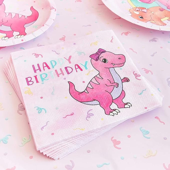 195-Piece Pink Baby Girl Dinosaur Birthday Party Supplies with Plates, Napkins, Cups, Cutlery, Banner, Hats, Table Covers (Serves 24) - Pastel Pink Dinosaur Party Decorations