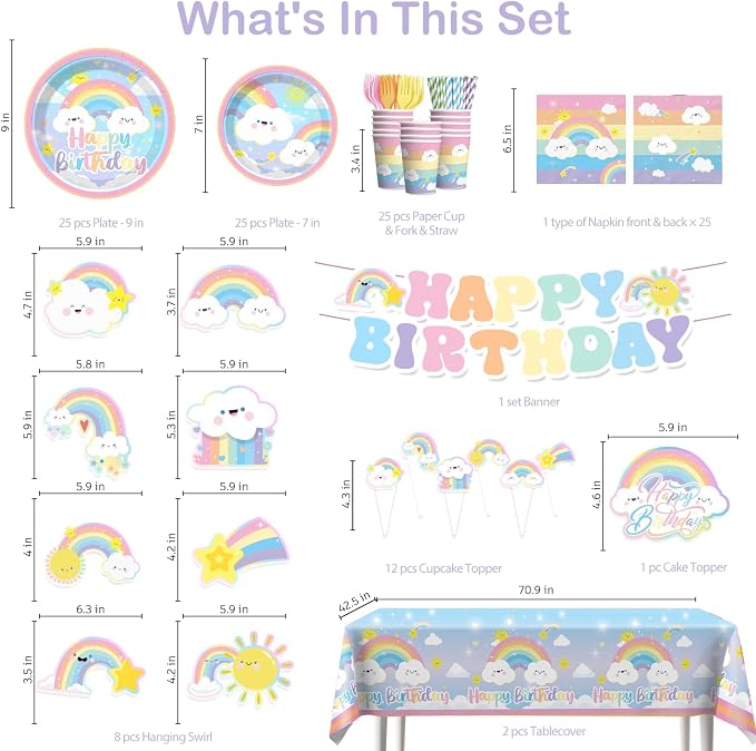 Xynic 174pcs Rainbow Birthday Decorations Tableware Complete Party Set, Rainbow Birthday Party Decorations, includes Pastel-Rainbow Paper Banner Plates Napkins Cups Forks, etc, Serves 25 Guests