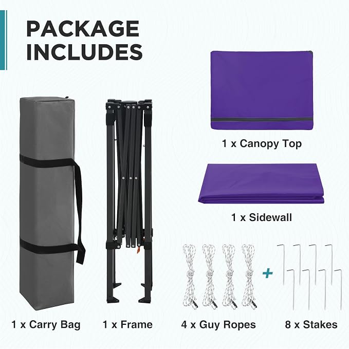 EAGLE PEAK 6x4 Instant Pop Up Canopy Tent with 1 Side Wall Panel, Straight Leg Sun Shelter, Portable Canopy with Carry Bag for Camping, Beach & Sports, Purple