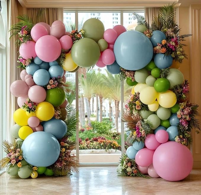 Colorful Balloon Arch Double Stuffed Latex Blue Yellow Green Pink Balloons Wildflower Balloon Garland for Spring Flower Birthday Baby Shower Garden Candy Party Decoration