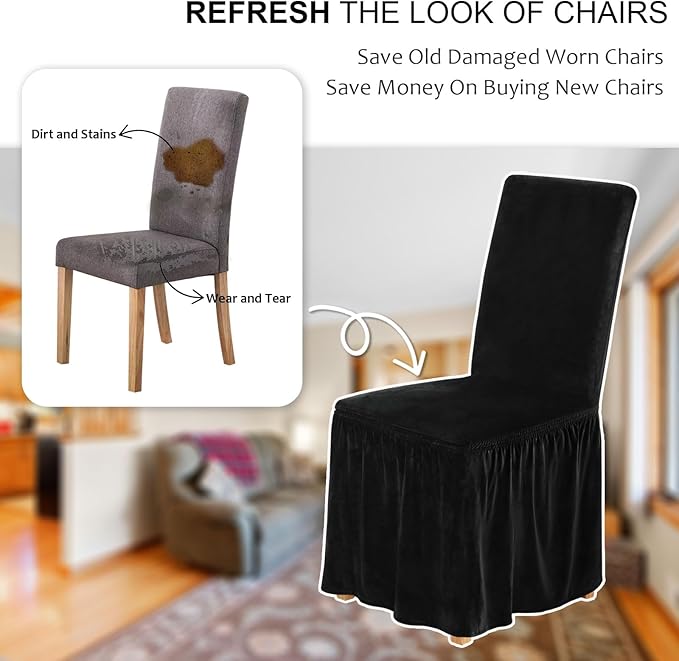 NICEEC Spandex Chair Covers for Dining Chairs Covers Set of 2 Removable Dining Room Chair Covers with Skirt Parson Chair Slipcovers Washable Chair Protector for Kitchen Wedding Party Banquet(Black)
