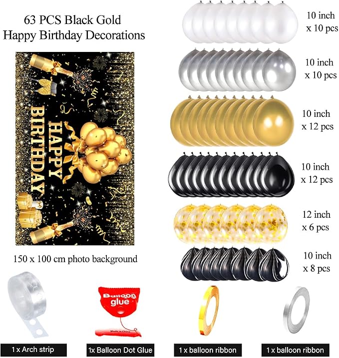 63 PCS Black Golden Birthday Party Balloons Decoration for Man Women | with Photo Backgrounds Backdrops Colth, Confetti Balloons, Happy Birthday Sign Banner Cloth