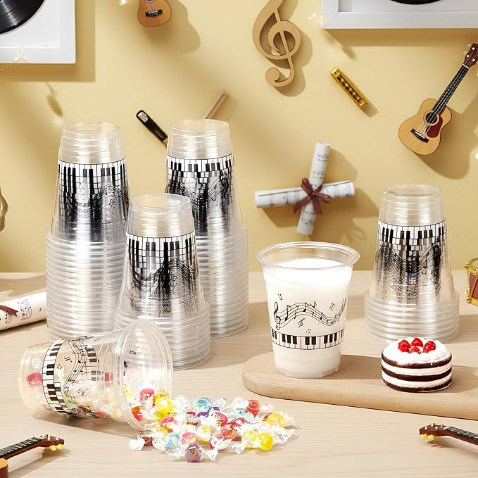 Funnymoom 60 Pack Piano Notes Plastic Cup 12 oz Disposable Clear Plastic Music Cups for Men Women Music Lovers Birthday Graduation Wedding Anniversary Party Decorations Favors