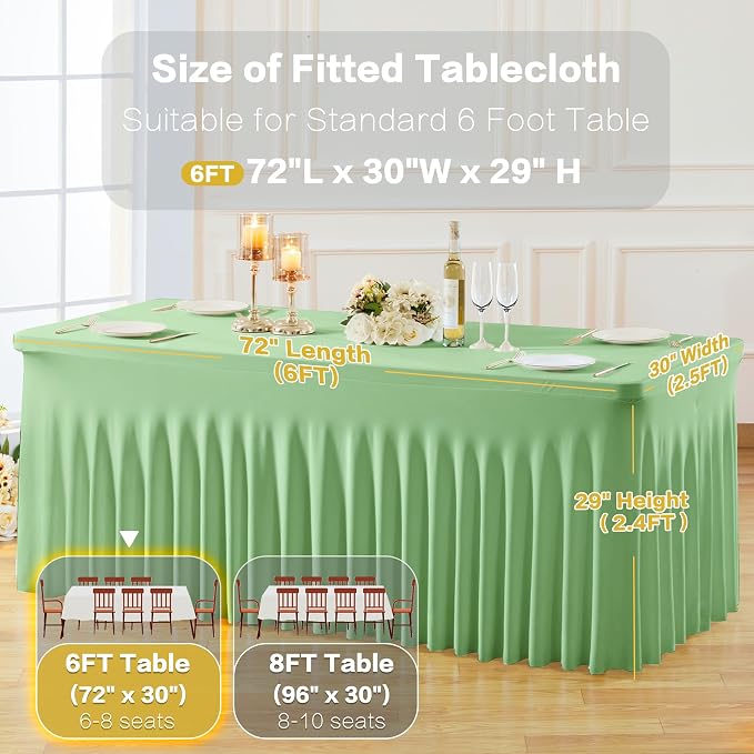 gogoparti 6 Pack Spandex Sage Green Fitted Table Cloth for 6ft Rectangle Tables Sage Green Stretch Tablecloth Table Covers Skirt Banquet Wrinkle Free Tablecloths for Parties Wedding
