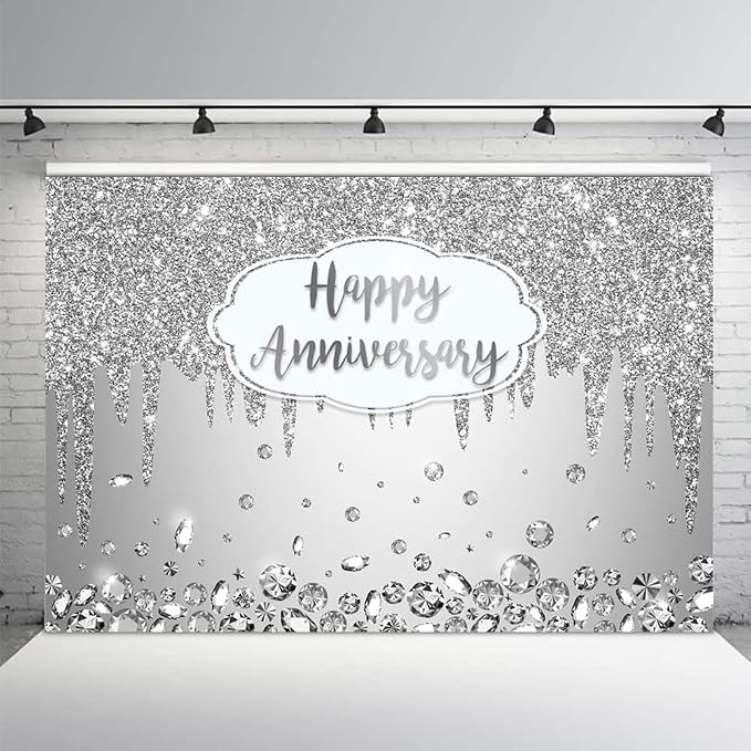AIBIIN 8x6ft Happy Anniversary Backdrop Silver Dripping Glitter Crystals Photography Background Cheers to Wedding Anniversary Party Decorations Banner Photo Props