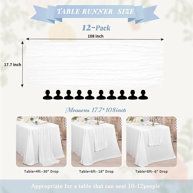 Pesonlook 12 Pack Cheesecloth Table Runner,White Table Runner Long Romantic Semi Sheer Rustic Boho Gauze Table Runners for Wedding Bridal Shower Birthday Party Decorations(17.7×108 Inch)