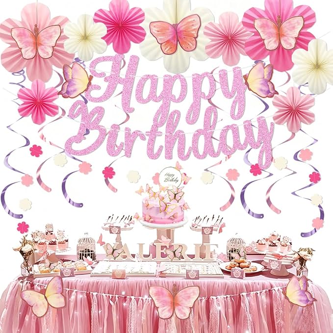 Butterfly Birthday Decorations Party Supplies with Pre-strung Happy Birthday Banner,Flower Garland,Cake Cupcake Toppers,Hanging Swirls, Paper Fan Spring-themed Decor Pack for Women Girls (Pink)