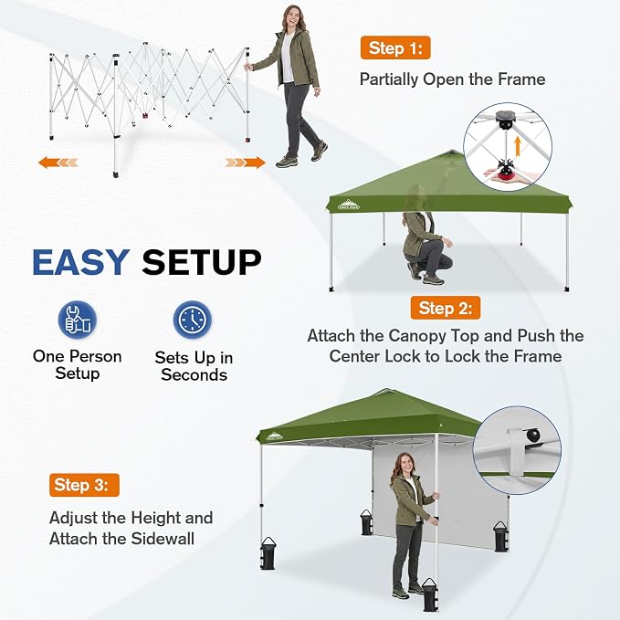 EAGLE PEAK Commercial Canopy 10x10 Pop Up Canopy Tent with 1 Sidewall, Easy Setup Heavy Duty Instant Event Shelter for Vendors & Markets, Outdoor Sun Shade, Grass Green