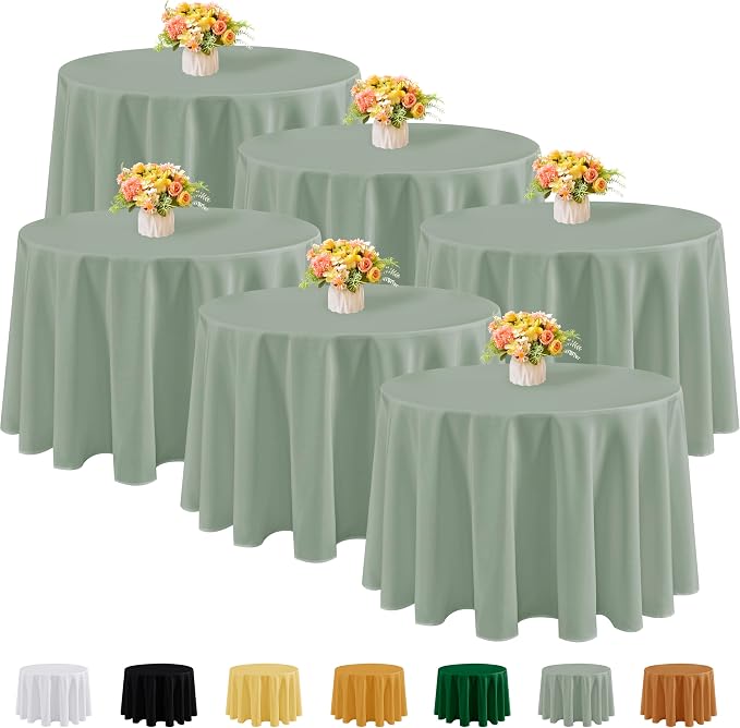 Fitable 6 Pack Sage Green Round Tablecloths - 108 Inches Round - Wrinkle and Stain Resistant Fabric Table Clothes, Washable Polyester Table Covers for Wedding, Party, Banquet, Formal Events