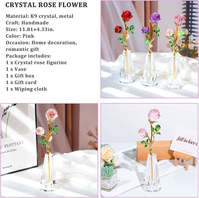 YWHL Handmade Pink Rose Flower Crystal Figurine with Vase, Bouquet Glass Flowers Ornament Rose Gifts for Women Mom Wife, Crystal Flower Home Decor for Anniversary Mother's Day Wedding