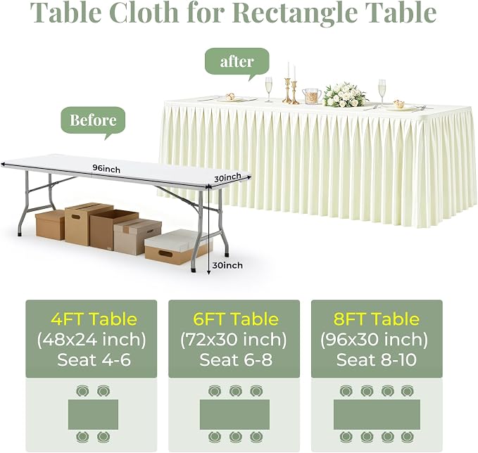 2 Packs Ivory Satin Tablecloths Rectangle 8FT, Glitter Spandex Fitted Stretch Table Covers Wrinkle-Free Floor Length Shimmer Table Skirt for Weddings Parties Baby Shower Banquets Vendor Events