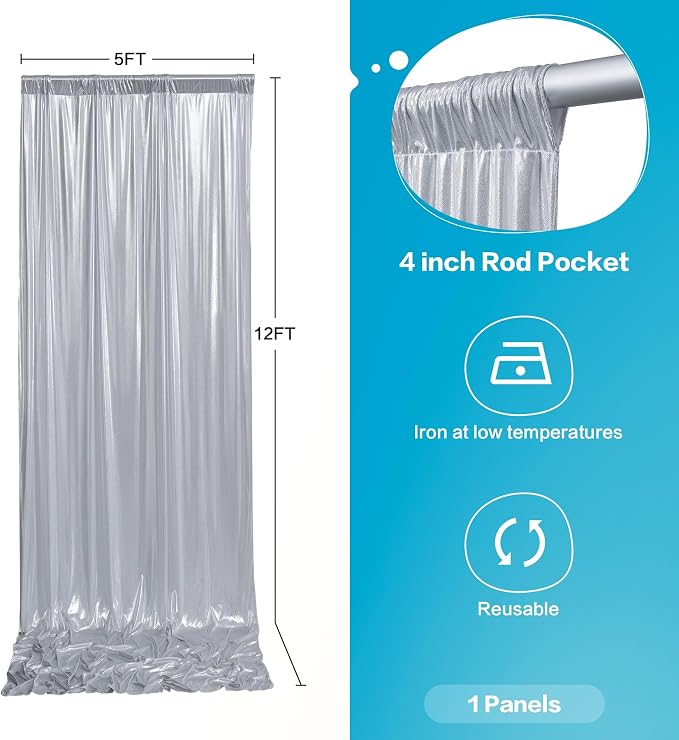 gogoparti Silver Backdrop Curtain 5x12FT 1 Panel Metallic Shine Fabric, No Shedding Wrinkle Free Glitter Drapes for Birthday Party, Event Background, Photography Decor
