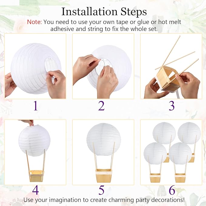 Namalu 24 Set Hot Air Balloon Table Centerpieces Baby Shower Party Decoration Paper Lanterns with Wooden Basket Sticks for Summer Birthday School DIY Craft(White)