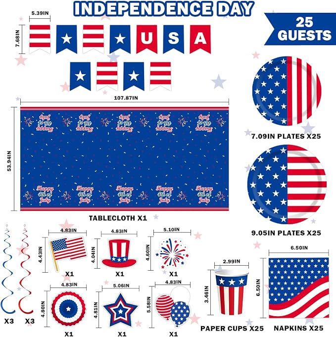4th Fourth of July Party Supplies Favors for 250th Anniversary, Patriotic Red White Blue Plates,Napkins,Cups,Tablecloth,Hanging Decorations for 25 Guests, USA Accessories for Memorial Independence Day