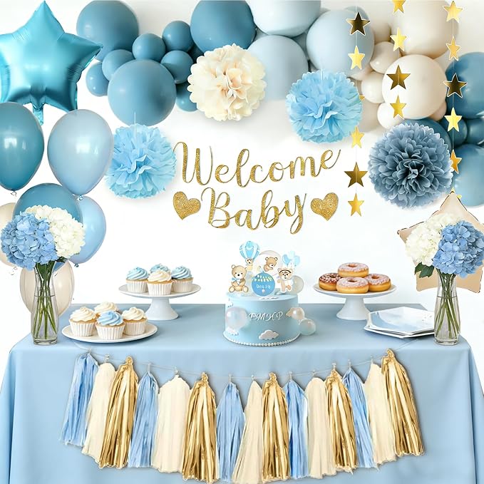 Dusty Blue Baby Shower Decorations, Baby Shower Decorations Set with Welcome Baby Banner, Cake Topper, Paper Pom Poms, Tassels, Sash for Baby Shower Gender Reveal Party Supplies