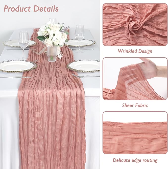 12 Pack Dusty Pink Cheesecloth Table Runner 120 Inch 10FT Cheese Cloth Runners for Wedding Decoration, Baby Shower, Boho Decor