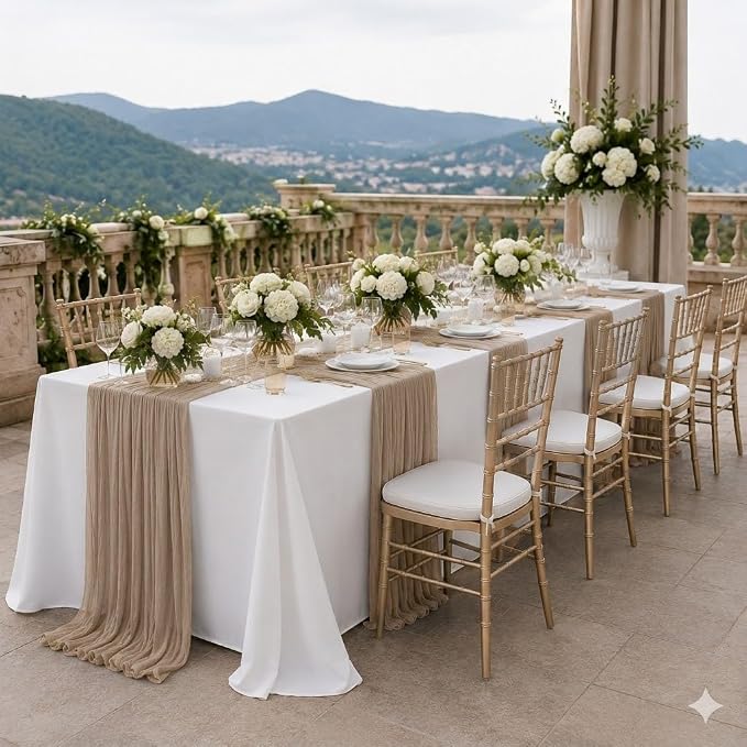 Cinrobiye 12 Pack Boho Wedding Table Decor Set, 6 White Tablecloths and 6 Cheesecloth Table Runners, Gauze Table Runner and Tablecloth Kit for Wedding Baby Shower Bridal Shower Party Reception(Coffee)