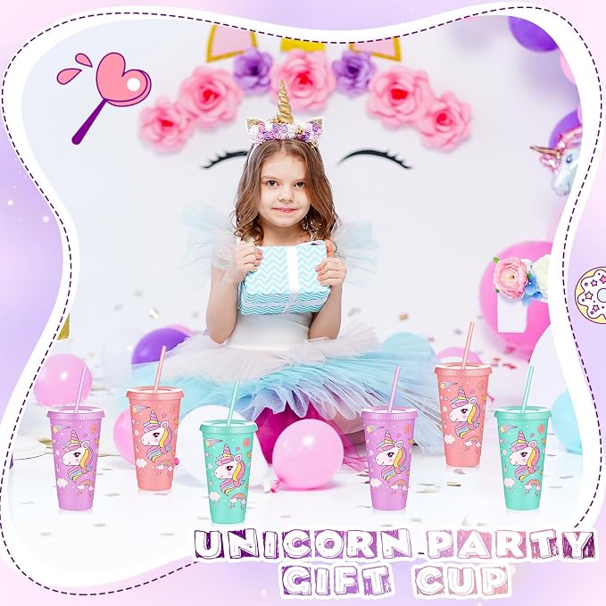 Uiifan 24 Pcs Unicorn Cups Party Favors Goodie Cups Unicorn Birthday Decorations 24 oz Plastic Reusable Tumbler with Lid and Straw Birthday Party Favors Supplies for Girls Boys
