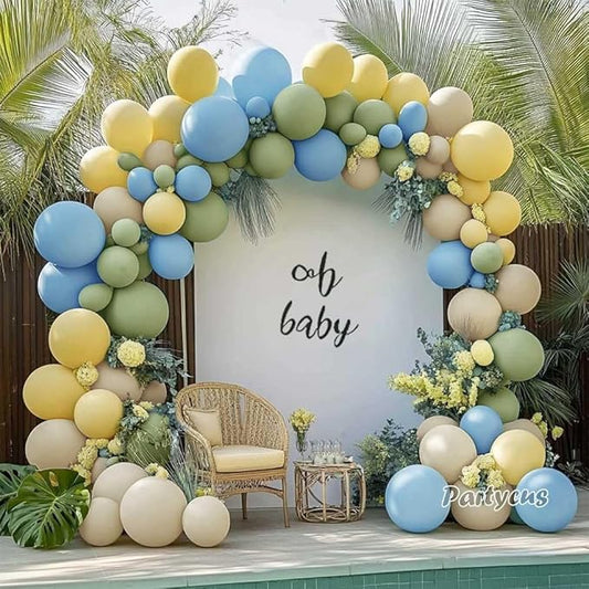 Blue Yellow Green Balloon Arch Kit Double Stuffed Pastel Baby Blue Dusty Green Light Yellow White Sand Balloon Garland for Baby Shower Bear Birthday Bridal Summer Party Decoration