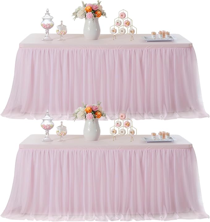familus Pink Table Cloths 8 Foot Rectangle 2 Pack Stretch Ruffle Tulle Tablecloth Spandex Fitted Table Cover for 8 Foot Tulle Table Skirts for Party Wedding Table Cloths, Banquets