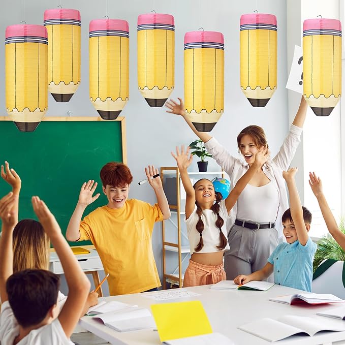 Retisee 12 Pcs Back to School Classroom Decoration Crayon Hanging Paper Lanterns Kindergarten Preschool Art Classroom Ceiling Decor, First Day of School Birthday Supplies