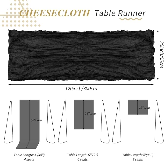 20 Pack Black Cheesecloth Table Runner 20 x 120 inch Boho Gauze Cheese Cloth Table Runner Vintage Rustic Romantic Sheer Runners for Wedding Bridal Shower Birthday Party Cake Table Decorations