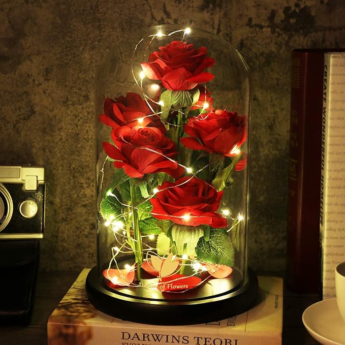 Mothers Day,Birthday Gifts for Women,Beauty and The Beast Rose,Artificial Silk Rose Preserved Forever in Glass Dome,Valentine's Day,Christmas,Anniversary,Flower Roses Gifts for Mom Wife Girlfriend