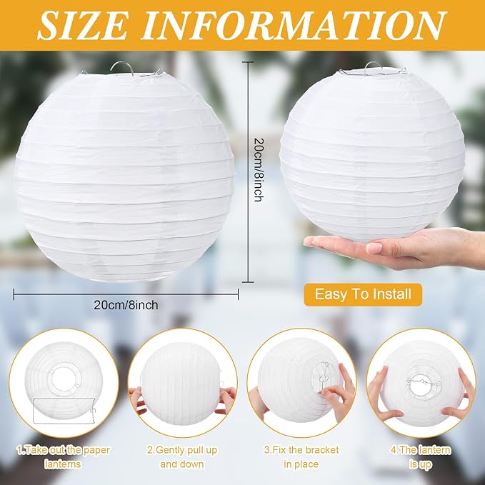Treela 48 Pack White Chinese Japanese Paper Lanterns Decorative Hanging Round Paper Lantern Lamps for Wedding Birthday Party Decorations (8 Inch)