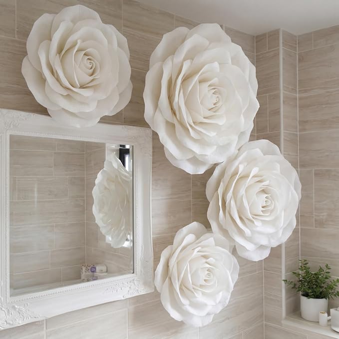 Norme 3 Pcs Wedding Artificial Giant White Velvet Rose 12, 16, 20 Inch Wedding Rose Petals Big Paper Flowers Giant Flower for Decorations Large White Flowers for Valentine, Home Decor, Anniversary