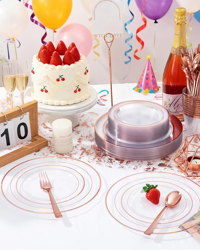 GATHER 700PCS Rose Gold Plastic Plates - Clear Rose Gold Rim Disposable Dinnerware Set Includes 200 Plates, 300 Silverware, 100 Napkins, 100 Cups for Party & Wedding & Mother's Day