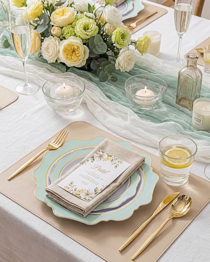 WDF 100PCS Mint Green Plastic Plates - Green Spring Plates Disposable - Heavy Duty Scalloped Plastic Plate for Parties/Wedding/Spring