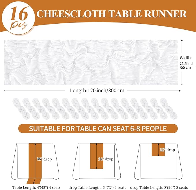 16 Pack 10Ft Cheesecloth Table Runner White, 20 x 120 Inch Rustic Gauze Boho Cheese Cloth Table Runners Wedding Long Table Runner for Wedding Party Bridal Shower Table Decoration