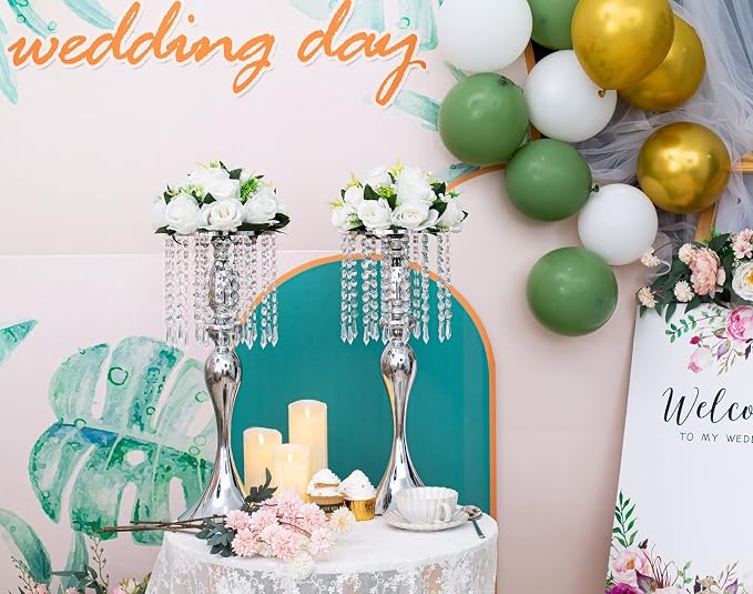 LoveCat Artificial Flower Centerpieces for Tables: 2pcs of Rose Flower Balls, Flower Kissing Balls, Fake 15-Head Plastic Flower Roses with Base for Birthday Party Christmas Home Wedding Decor (White)