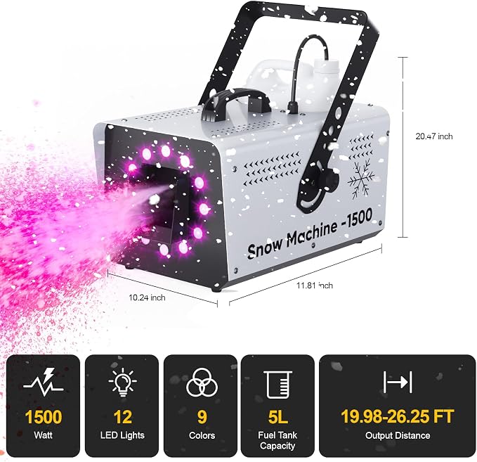 UPGREY 1500W Snow Machine for Outdoors and Indoors, Fake Snow Maker for Party with LED and Remote Controller