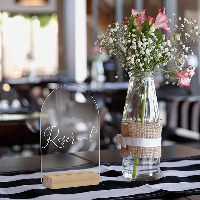 Clear Arch Acrylic Sign with Wood Stand-10 Pack 5x7 Inch Blank Arched Acrylic Sheets with 4 Inch Wood Base, DIY Clear Arch Sign Blank for Wedding Table Numbers