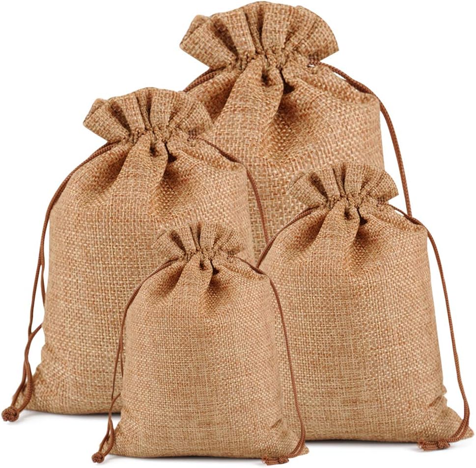 Lucky Monet 25/50/100PCS Burlap Gift Bags Wedding Hessian Jute Bags Linen Jewelry Pouches with Drawstring for Birthday, Party, Wedding Favors, Present, Art and DIY Craft (50Pcs, Coffee, 3” x 4”)