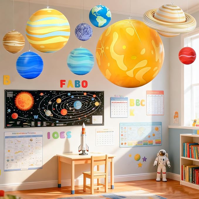 Inflatable Solar System Planets with LED Lights, 9 Hanging Planets with Remote Control, Space Themed Classroom Decor, Kids Room Decoration, Astronomy Science Display, Birthday Party Supplies
