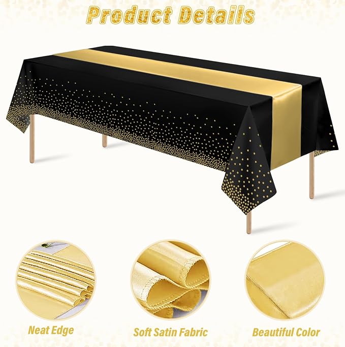 24 Pack Black and Gold Tablecloth and Table Runner Set Party Decorations, Black and Gold Plastic Disposable Tablecloth and Satin Table Runner for Wedding Birthday Bridal Graduation Anniversary Party